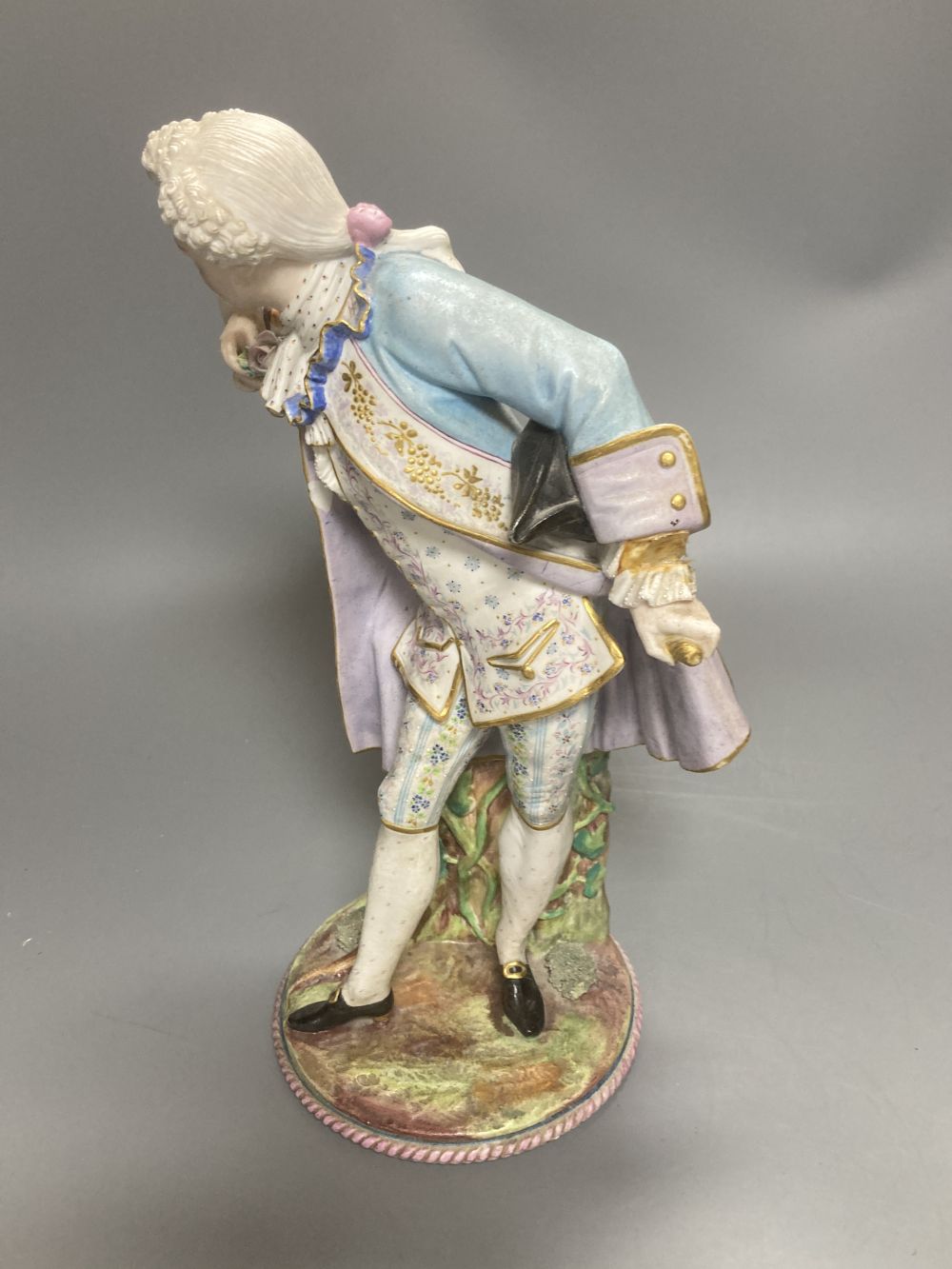 A pair of Wessel Frankenthal figures, 26cm, and a French bisque gallant, 29cm